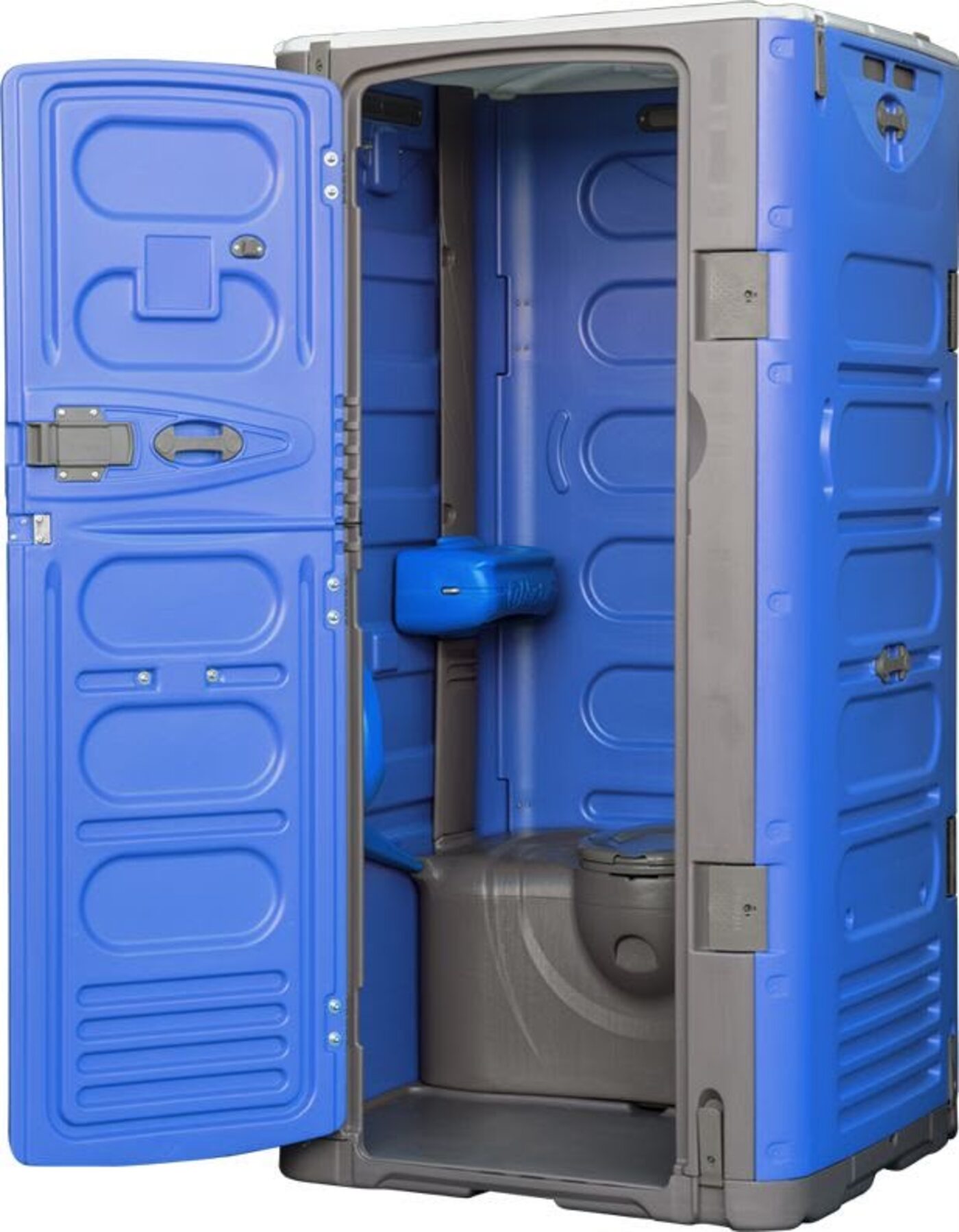 Deluxe flushable portable restroom units in pink and blue