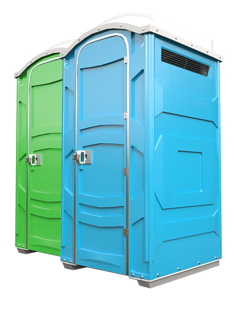 Two clean portable toilet units, green and blue, ready for delivery