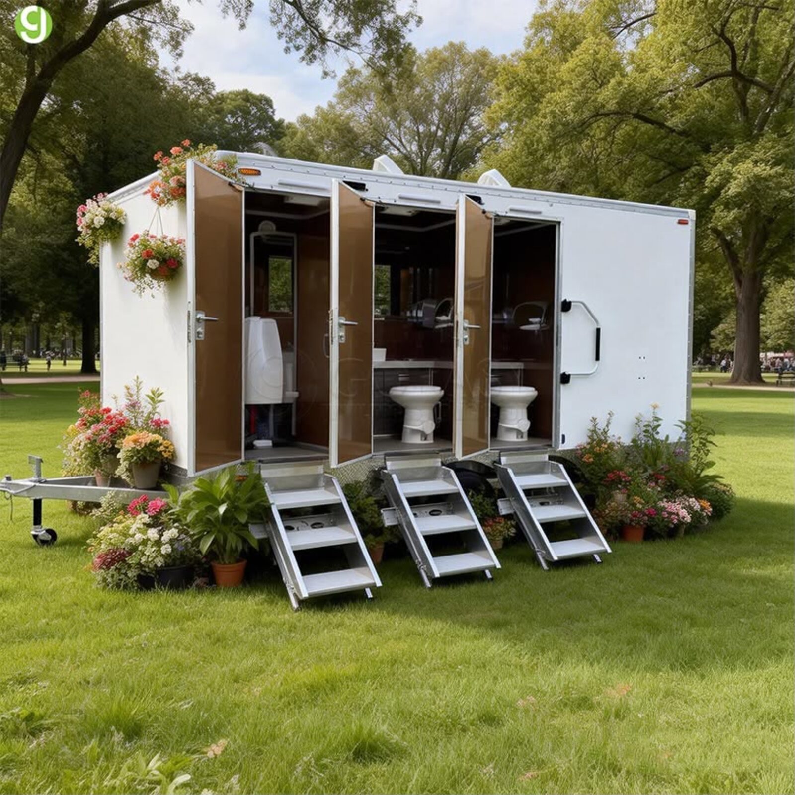Luxury restroom trailer decorated with string lights for an event