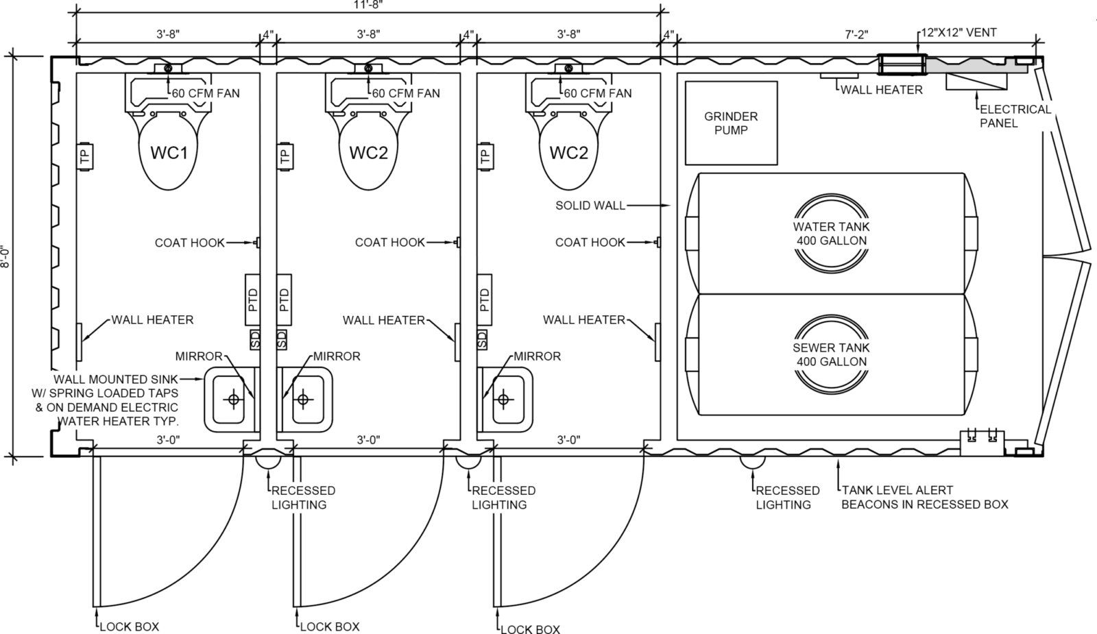 Floor plan diagram of a multi-stall restroom trailer