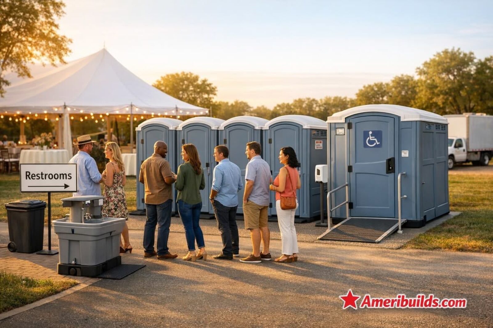Event tent set up with portable restrooms nearby